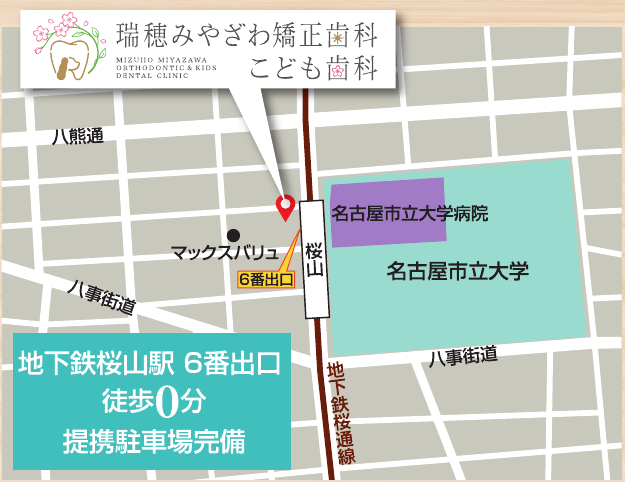 地下鉄桜山駅6番出口と医院の位置を示す案内図。名古屋市立大学病院の向かい。